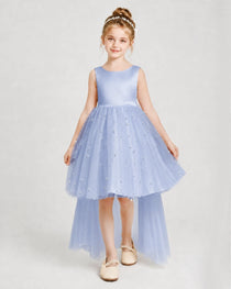 Dusty Blue Satin Tulle A-line Pageant Dress Front View
