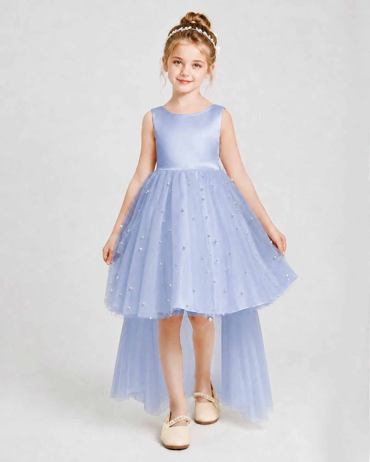 Dusty Blue Satin Tulle A-line Pageant Dress Front View