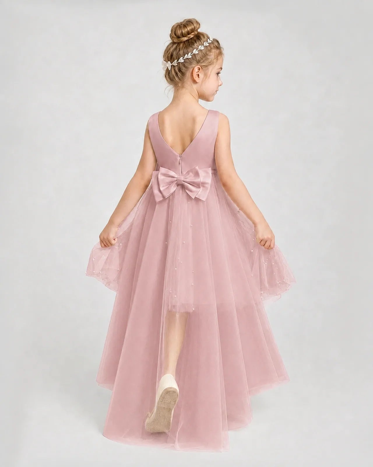 Dusty Rose Satin Tulle A-line Pageant Dress Back View