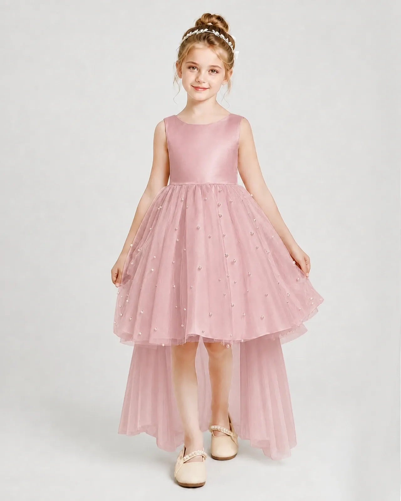 Dusty Rose Satin Tulle A-line Pageant Dress Front View