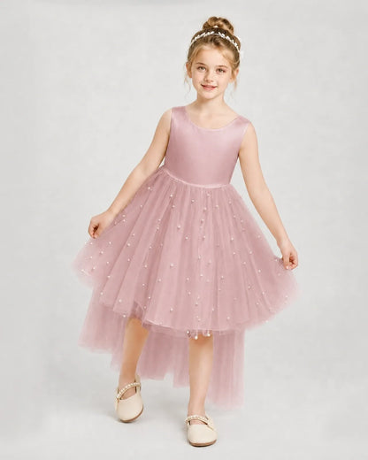 Dusty Rose Satin Tulle A-line Pageant Dress Front View