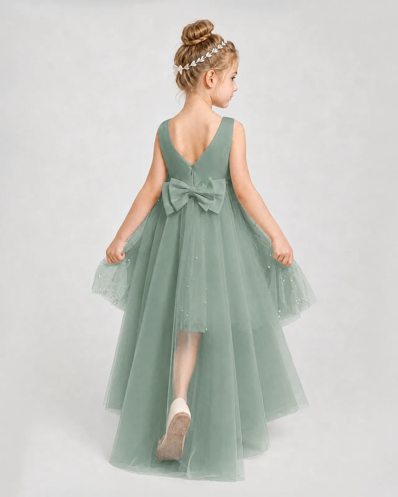 Eucalyptus Satin Tulle A-line Pageant Dress Back View