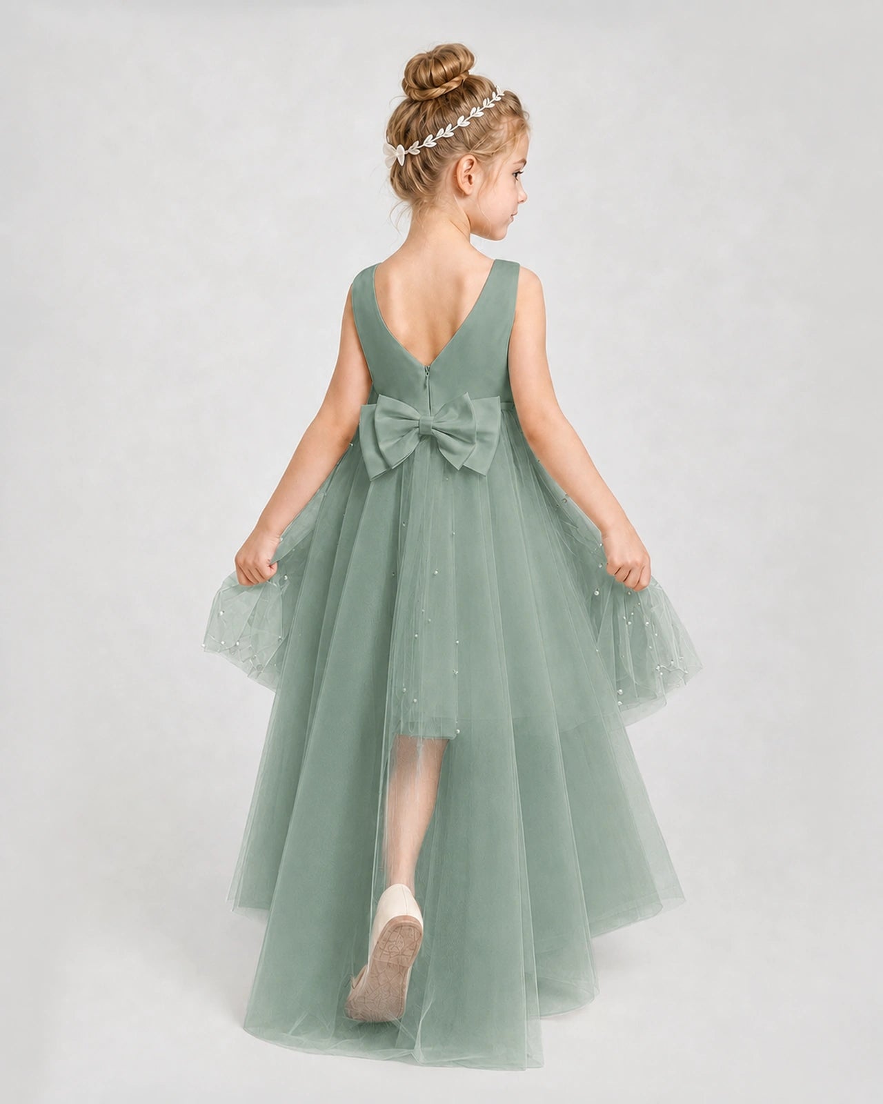 Eucalyptus Satin Tulle A-line Pageant Dress Back View