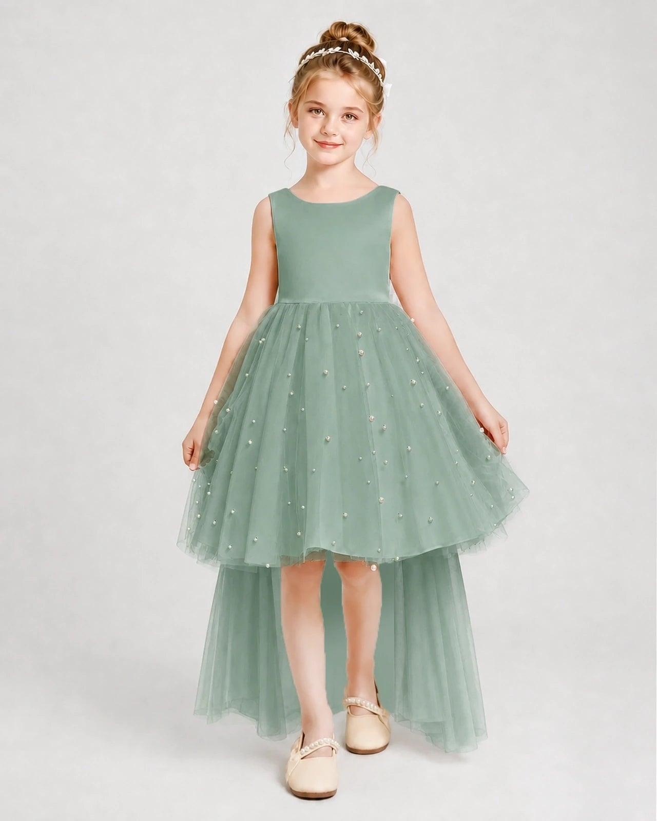 Eucalyptus Satin Tulle A-line Pageant Dress Front View