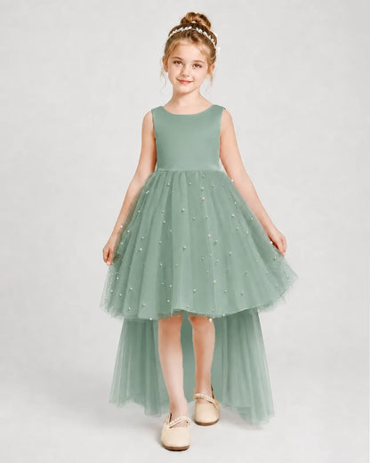 Eucalyptus Satin Tulle A-line Pageant Dress Front View