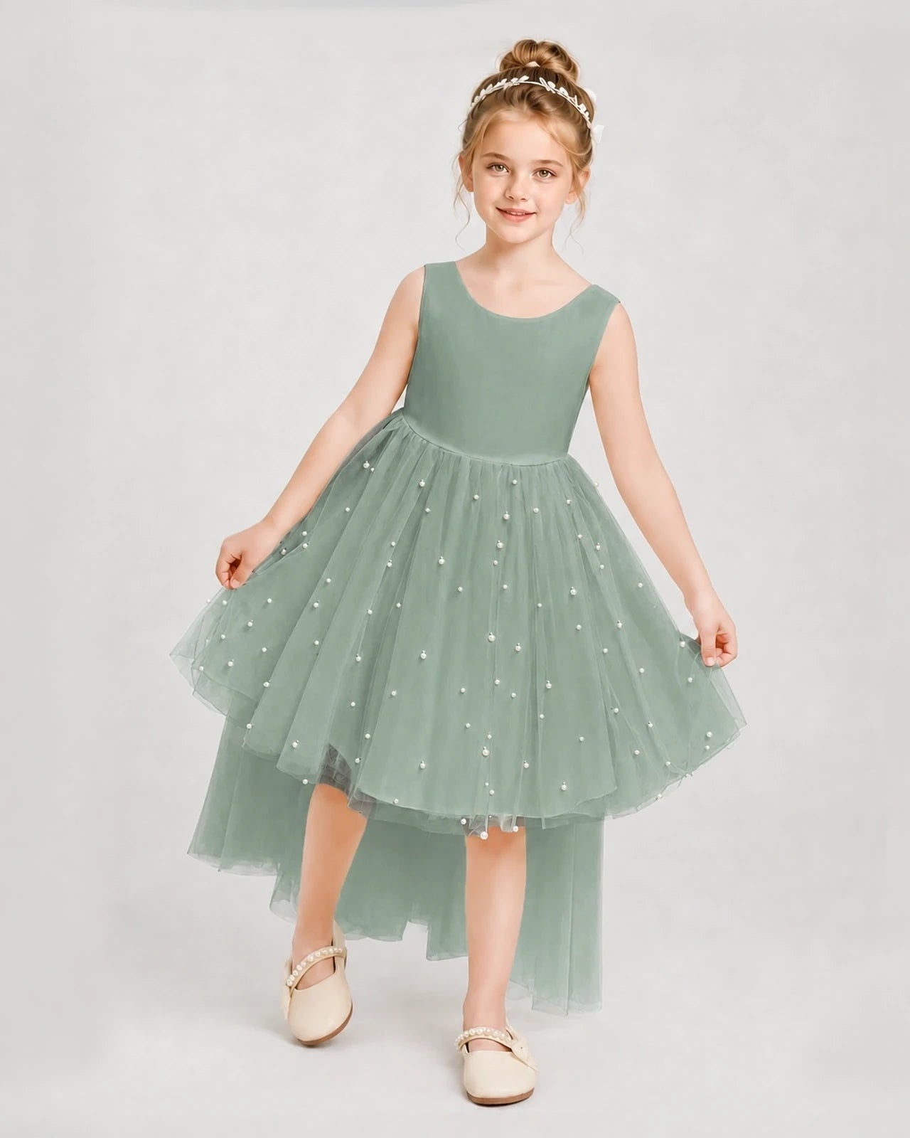 Eucalyptus Satin Tulle A-line Pageant Dress Detail View