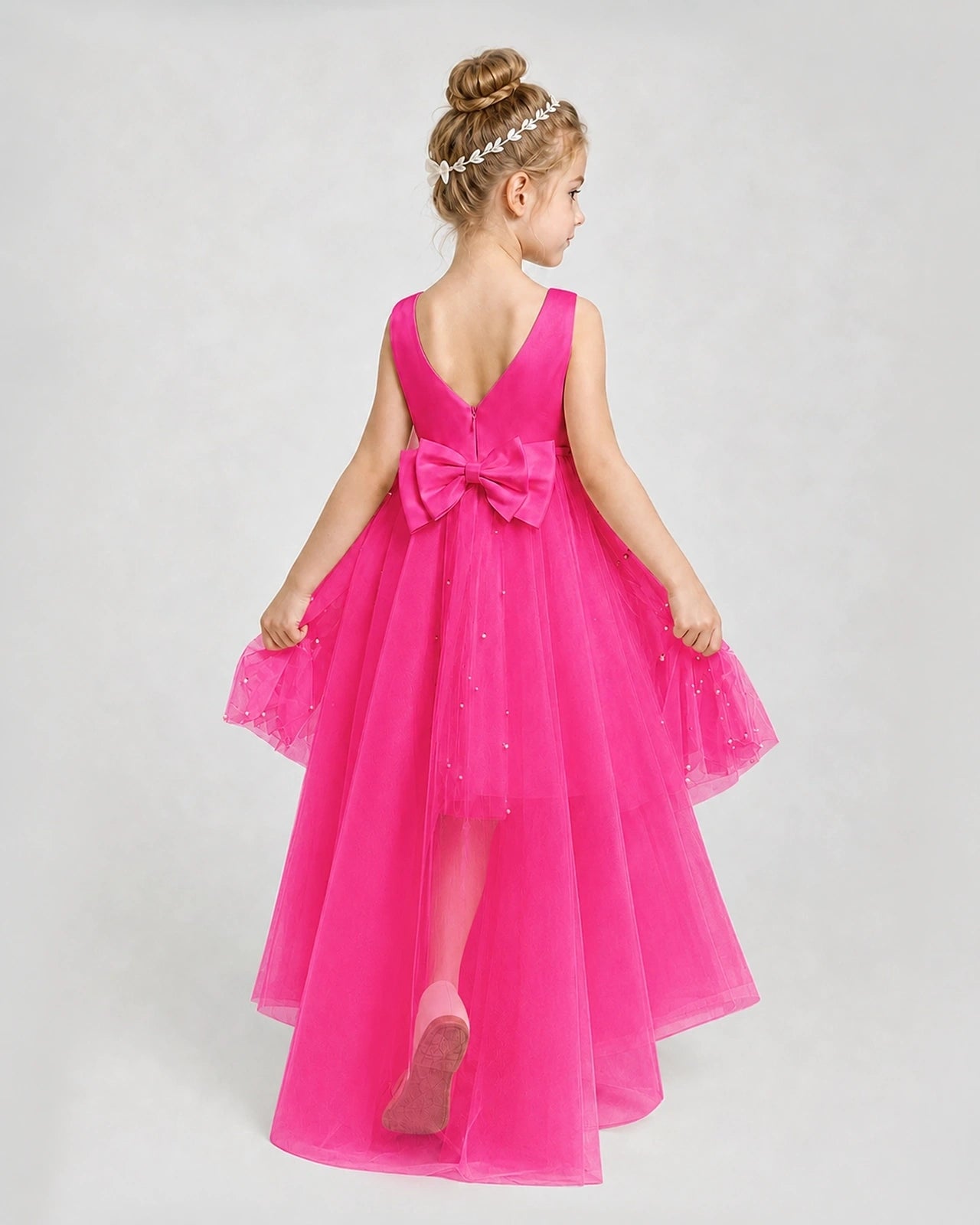 Hot Pink Satin Tulle A-line Pageant Dress Back View