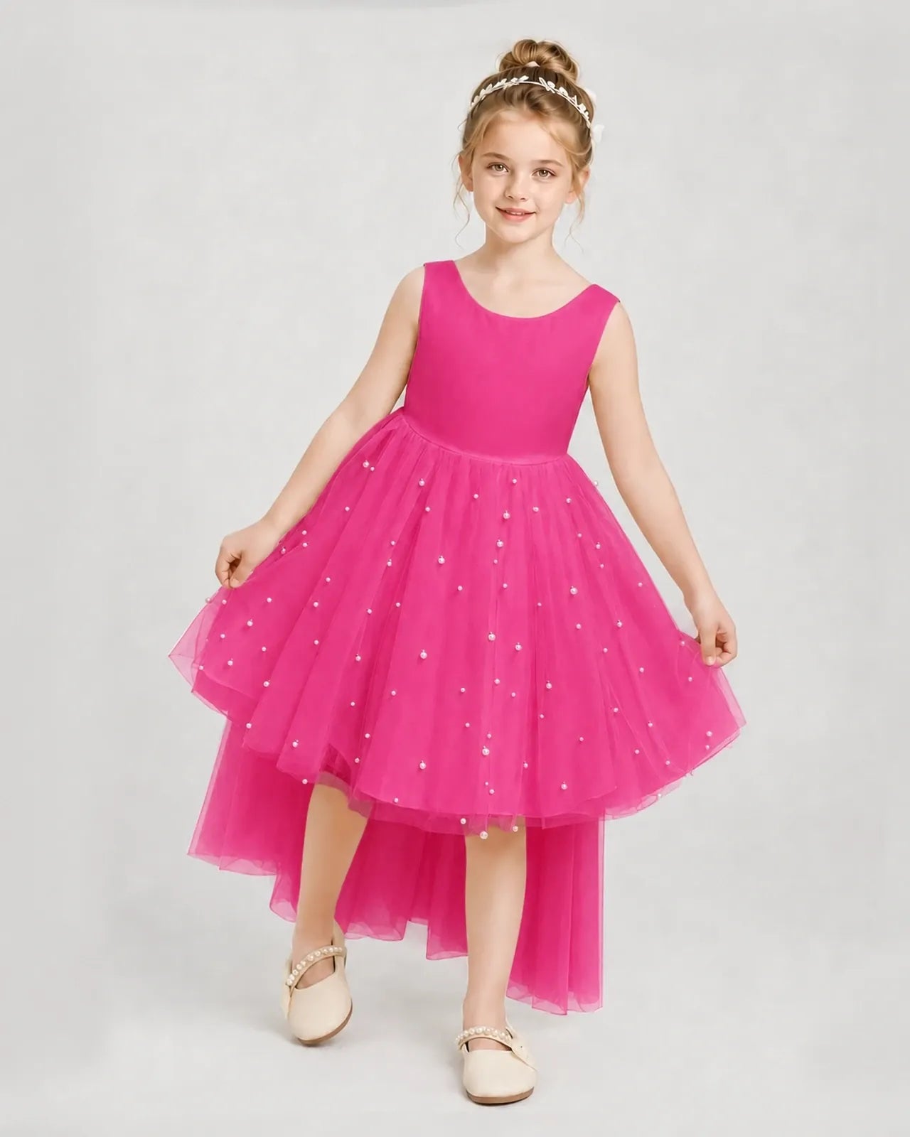 Hot Pink Satin Tulle A-line Pageant Dress Front View