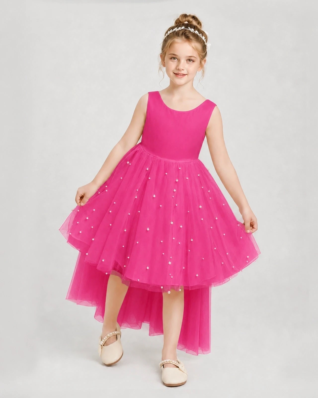 Hot Pink Satin Tulle A-line Pageant Dress Detail View