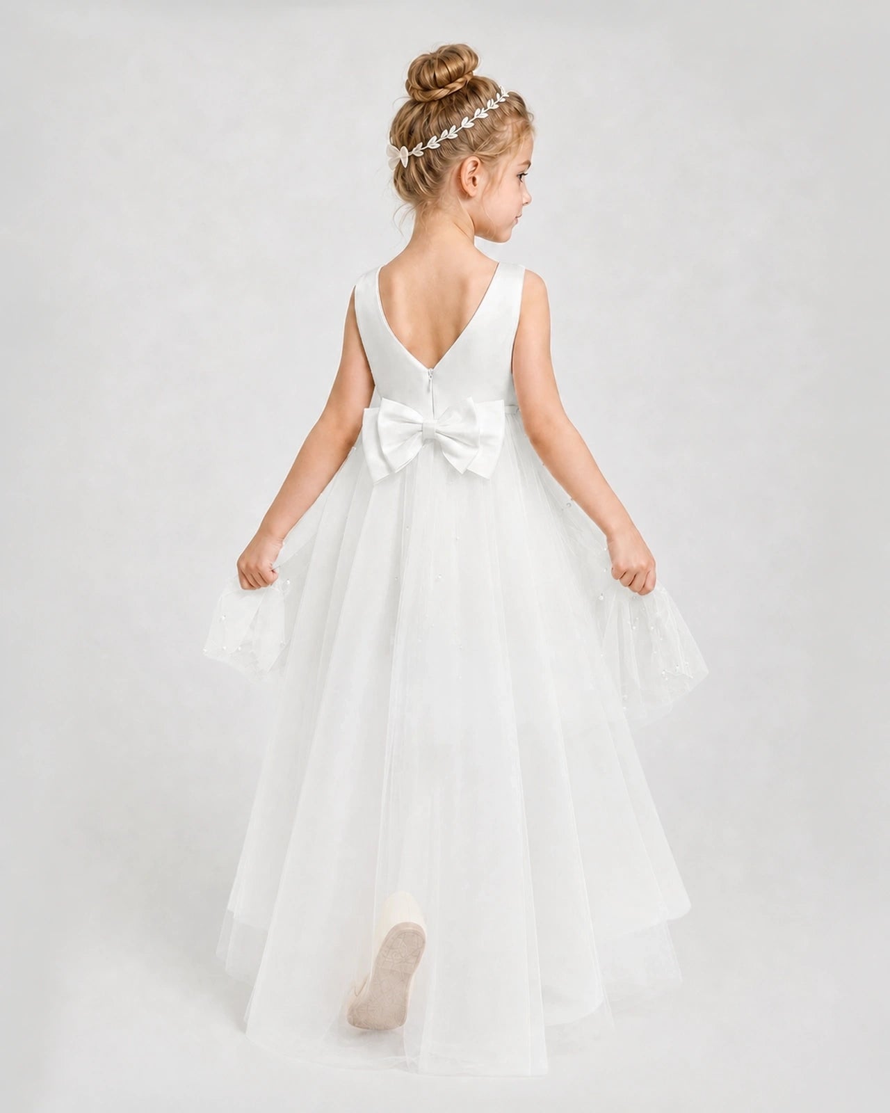 Ivory Satin Tulle A-line Pageant Dress Back View