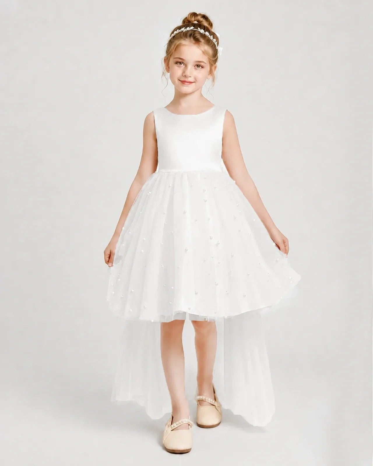 Ivory Satin Tulle A-line Pageant Dress Front View