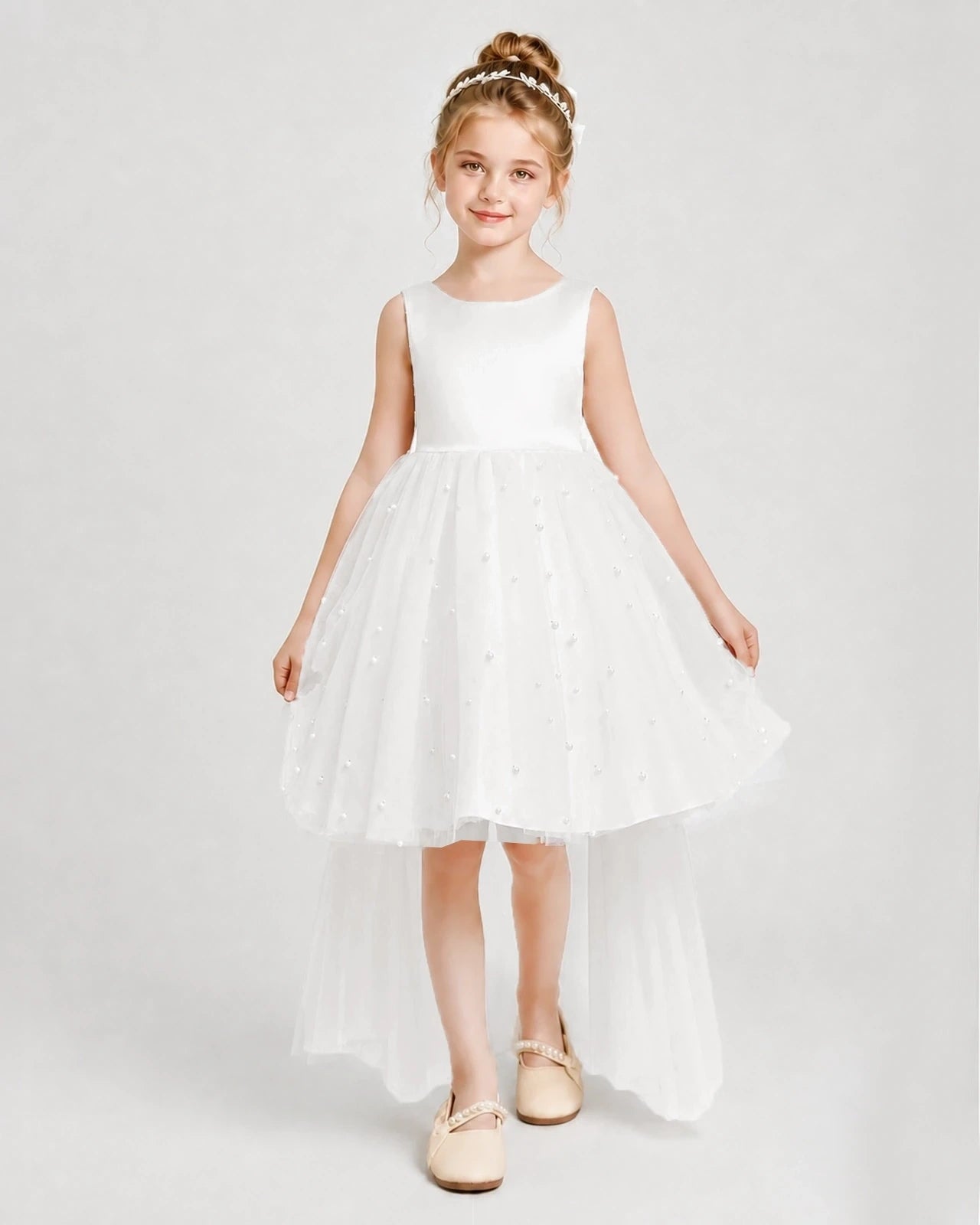 Ivory Satin Tulle A-line Pageant Dress Front View