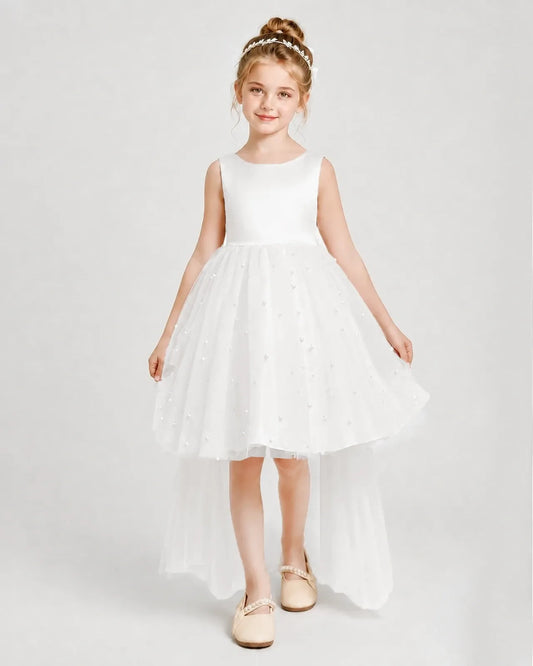 Ivory Satin Tulle A-line Pageant Dress Front View