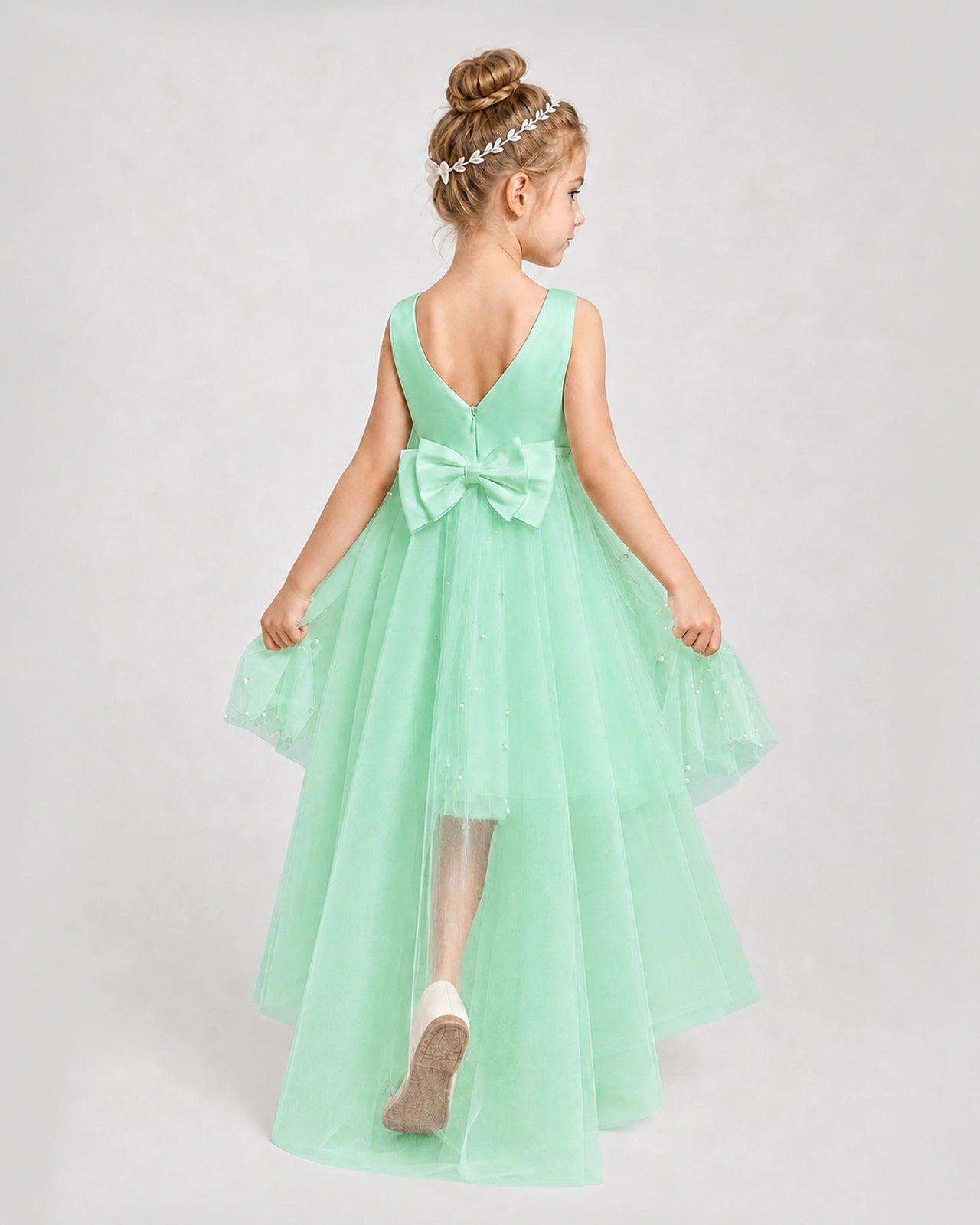 Mint Green Satin Tulle A-line Pageant Dress Back View