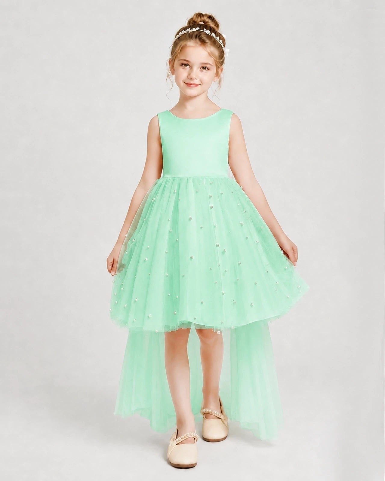 Mint Green Satin Tulle A-line Pageant Dress Front View