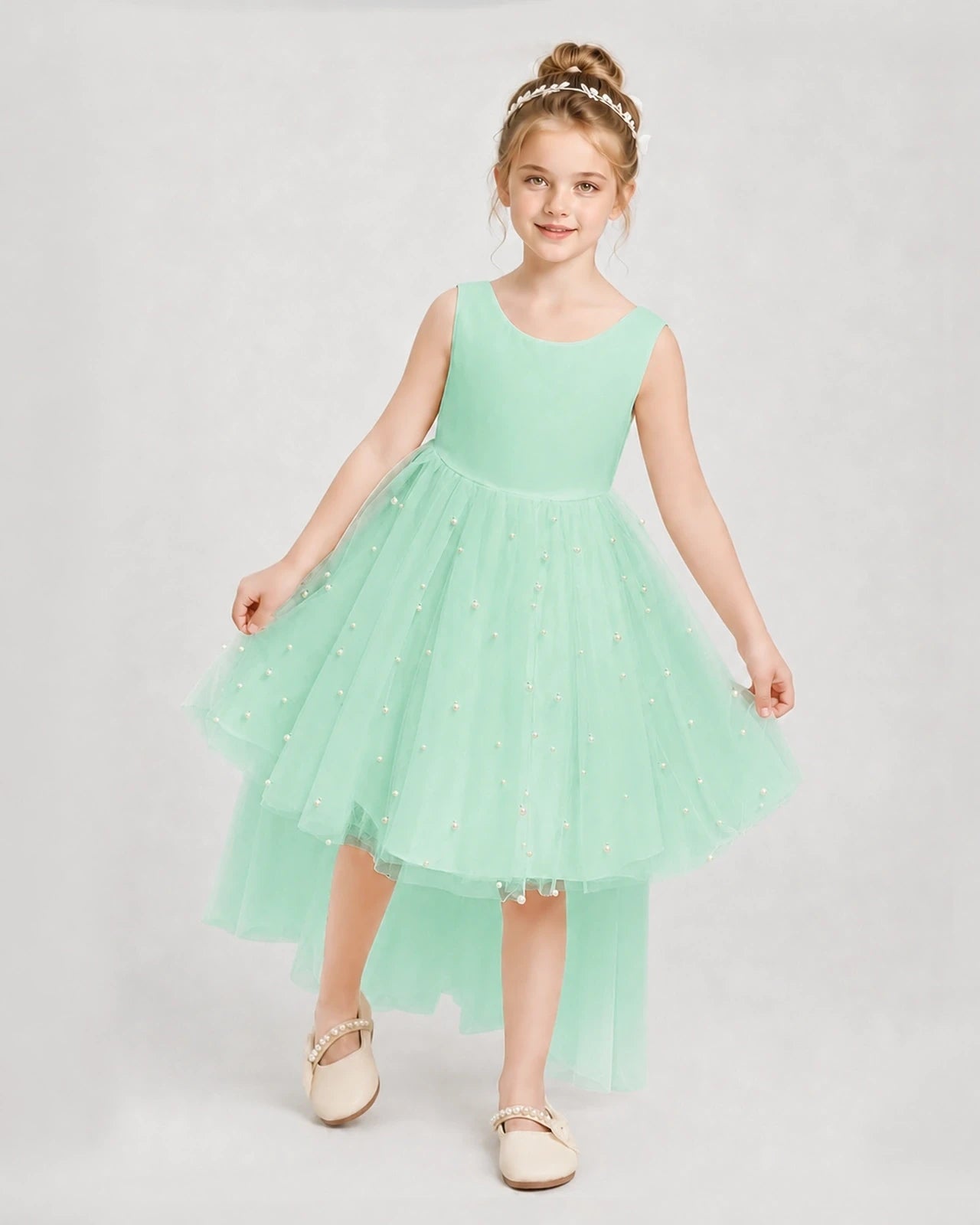 Mint Green Satin Tulle A-line Pageant Dress Detail View
