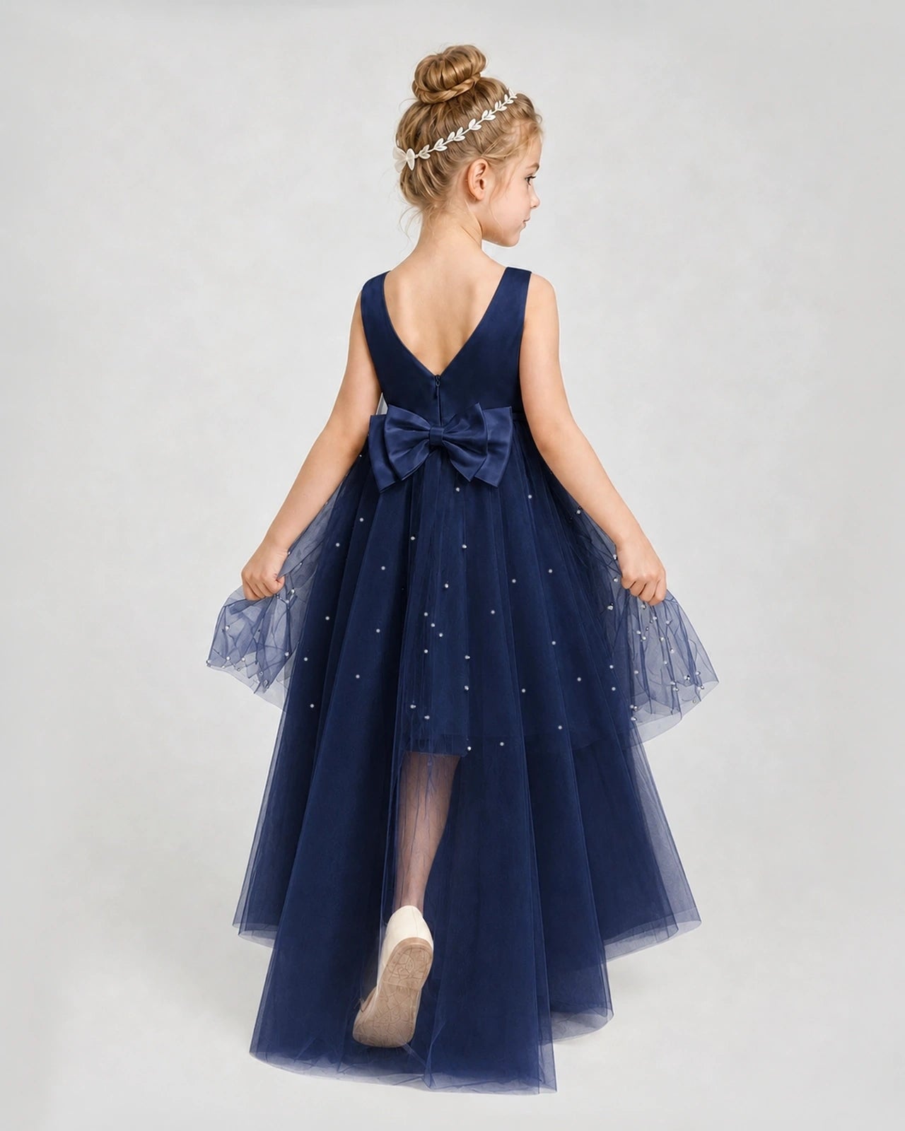 Navy Blue Satin Tulle A-line Pageant Dress Back View