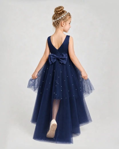 Navy Blue Satin Tulle A-line Pageant Dress Back View