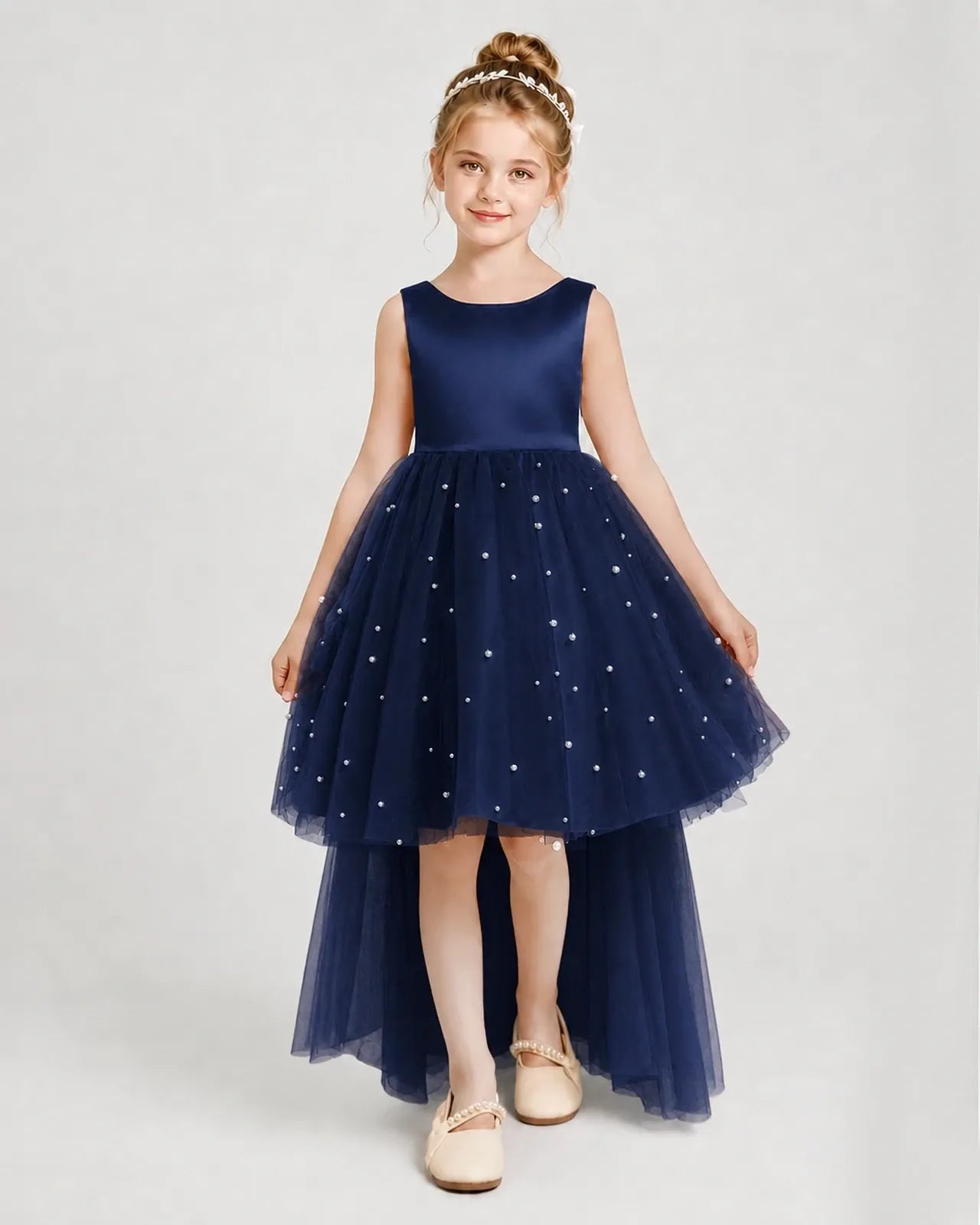 Navy Blue Satin Tulle A-line Pageant Dress Front View