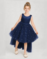 Navy Blue Satin and Tulle A-line Pageant Dress Front View