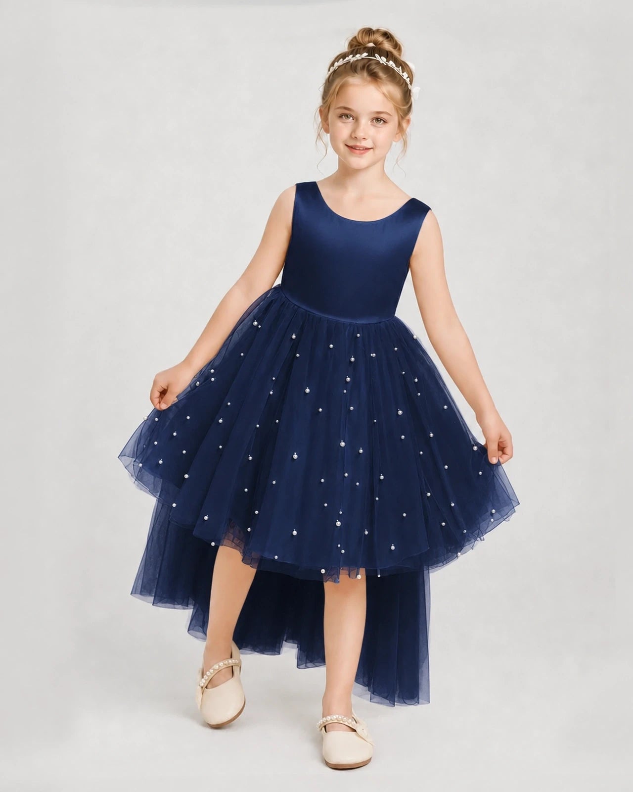 Navy Blue Satin Tulle A-line Pageant Dress Detail View