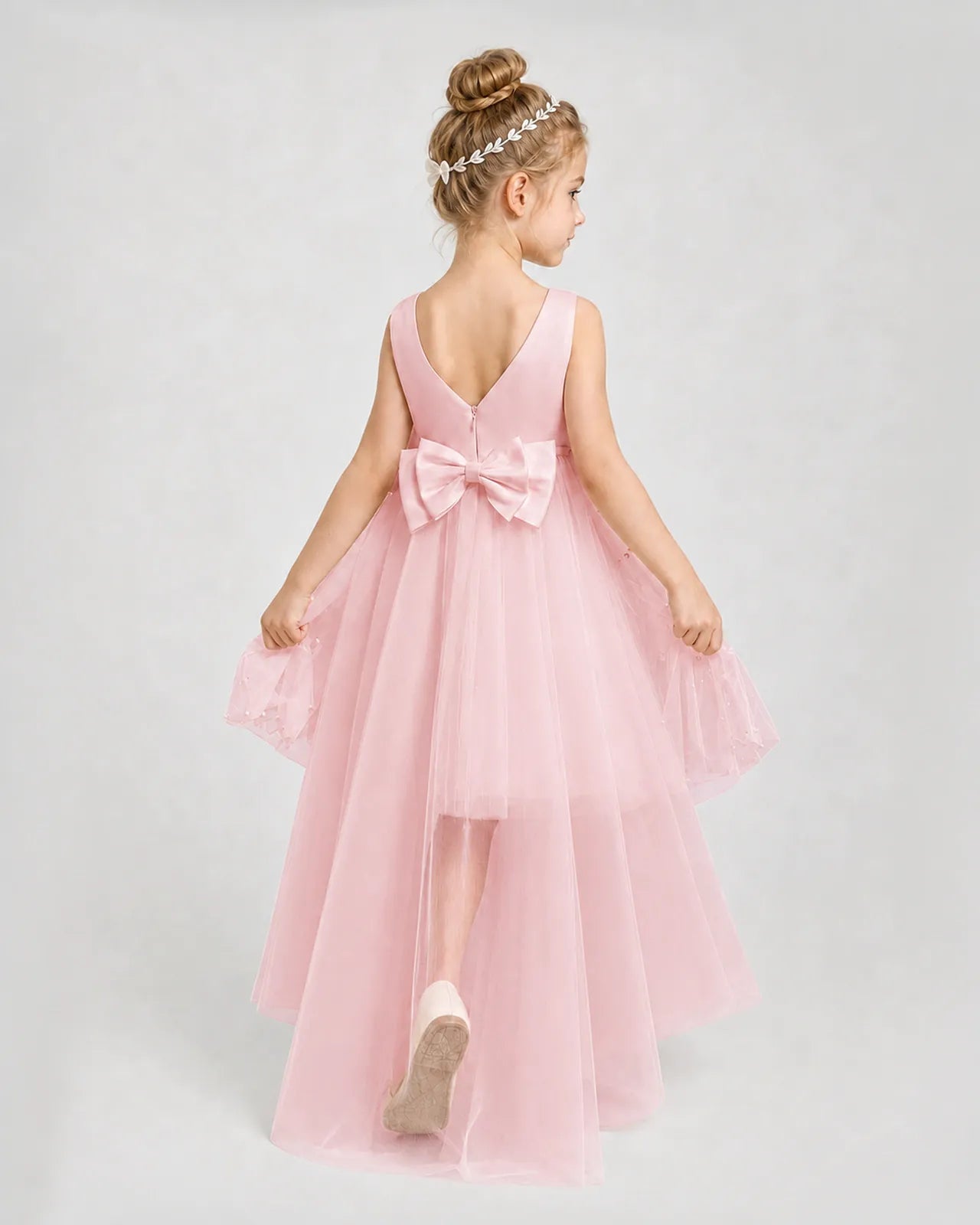 Pink Satin Tulle A-line Pageant Dress Back View