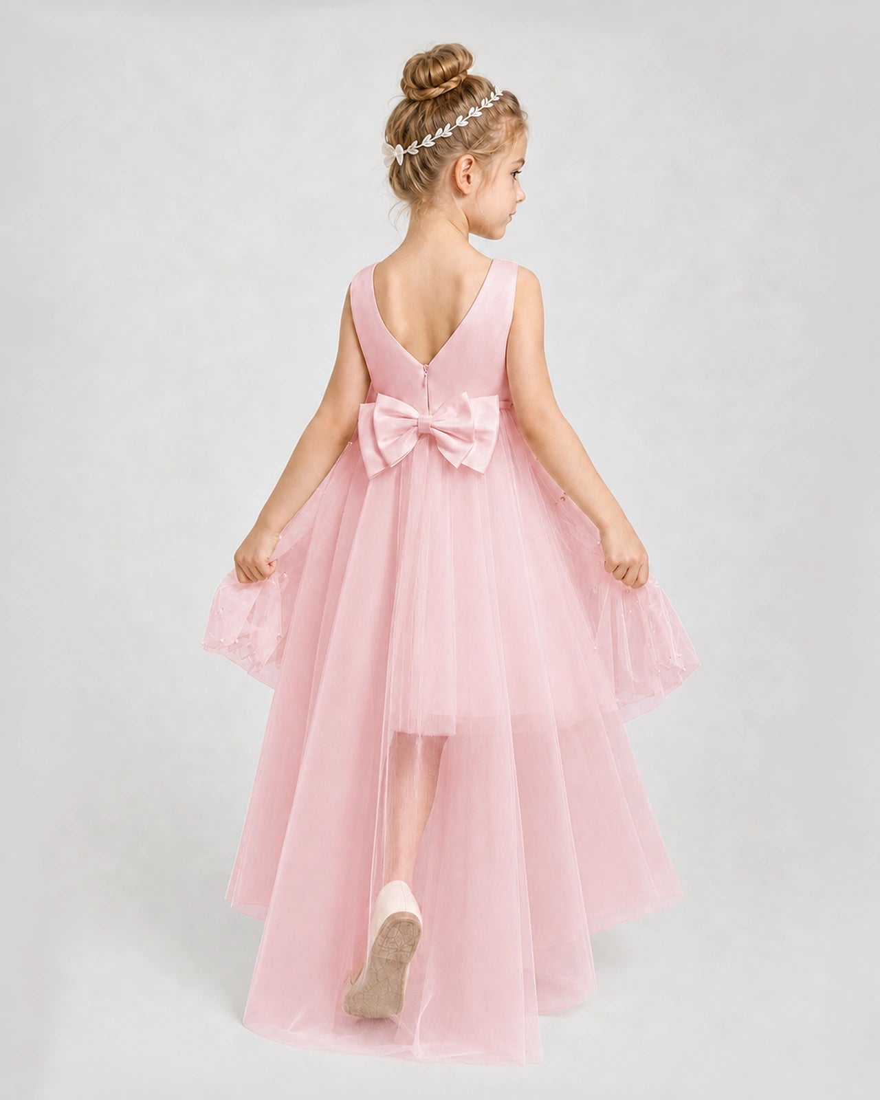 Pink Satin Tulle A-line Pageant Dress Back View