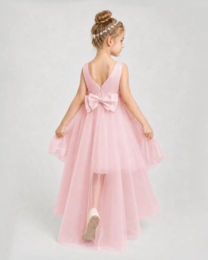 Pink Satin Tulle A-line Pageant Dress Back View