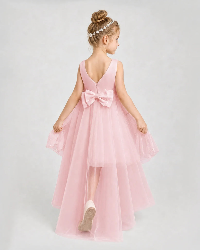 Pink Satin Tulle A-line Pageant Dress Back View