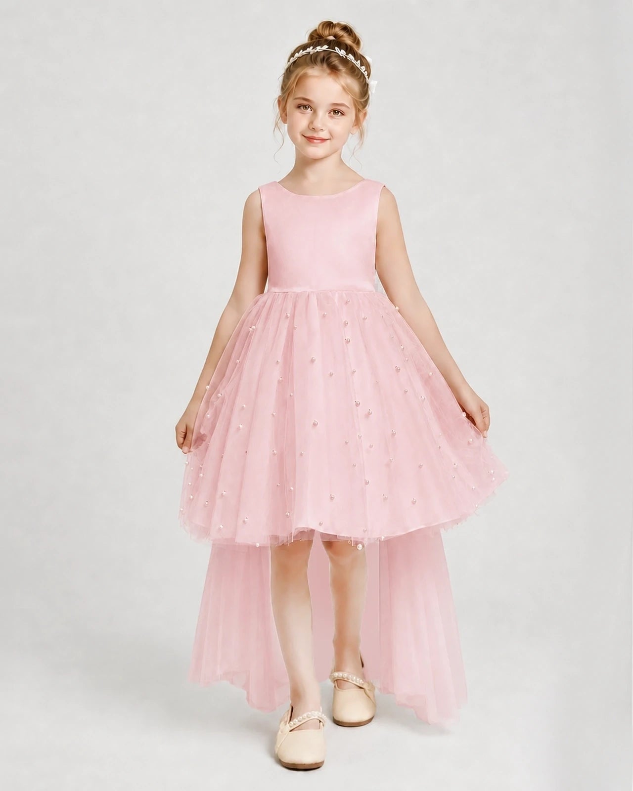 Pink Satin Tulle A-line Pageant Dress Front View