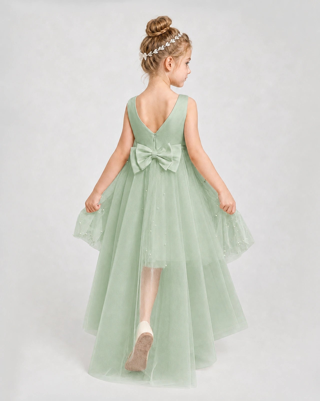 Sage Green Satin Tulle A-line Pageant Dress Back View