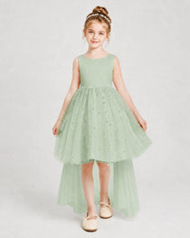 Sage Green Satin Tulle A-line Pageant Dress Front View