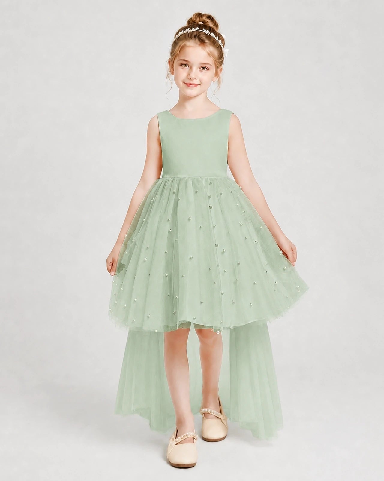 Sage Green Satin Tulle A-line Pageant Dress Front View