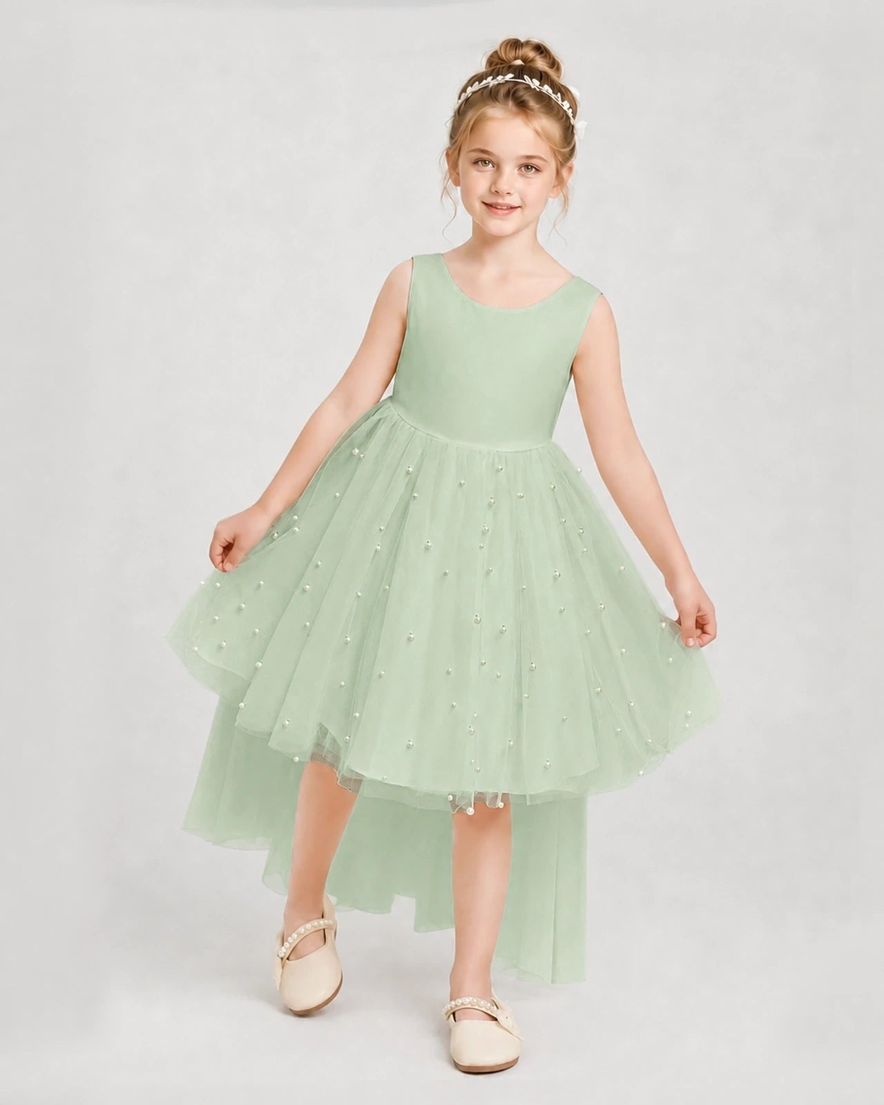 Sage Green Satin Tulle A-line Pageant Dress Detail View