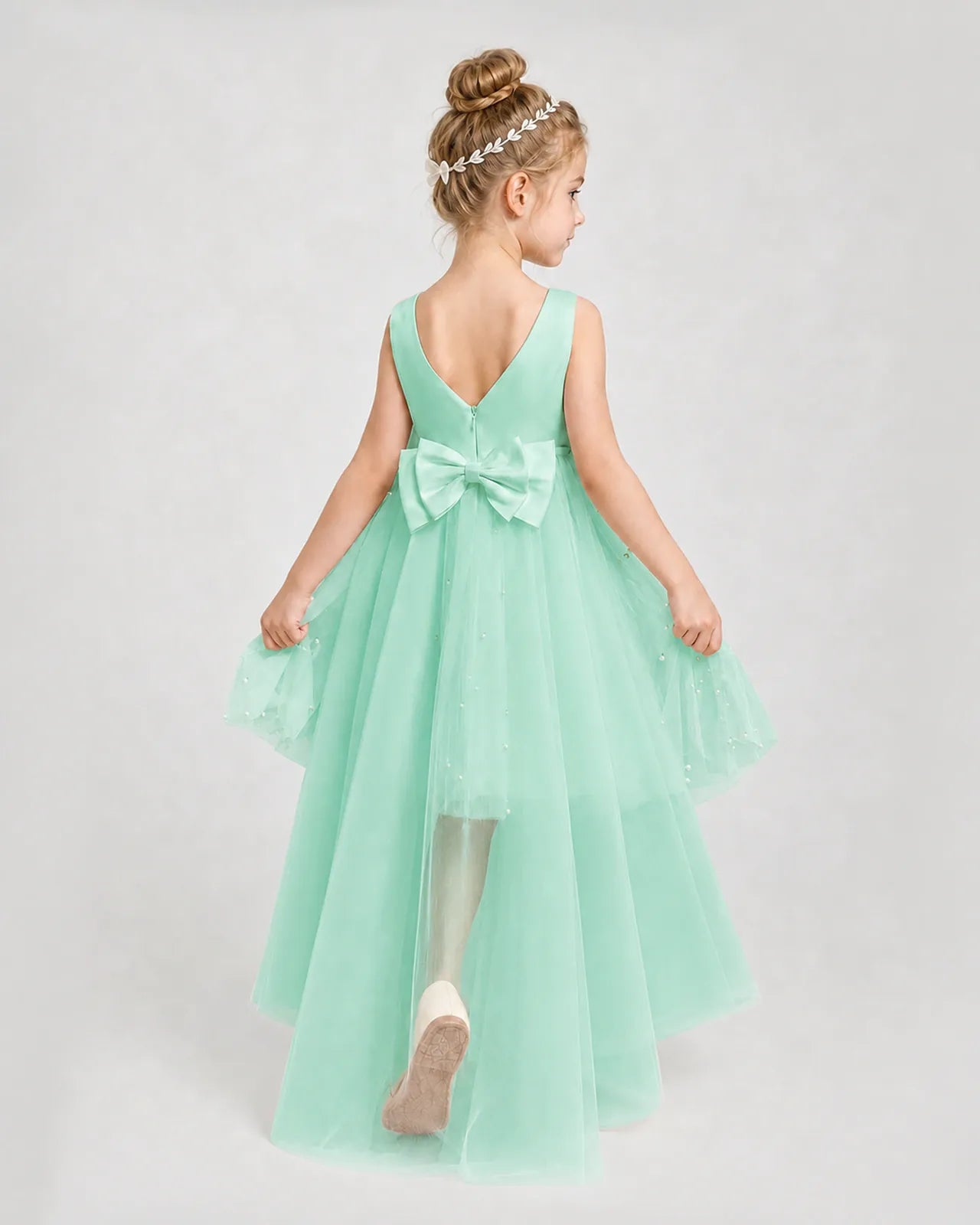 Turquoise Satin Tulle A-line Pageant Dress Back View