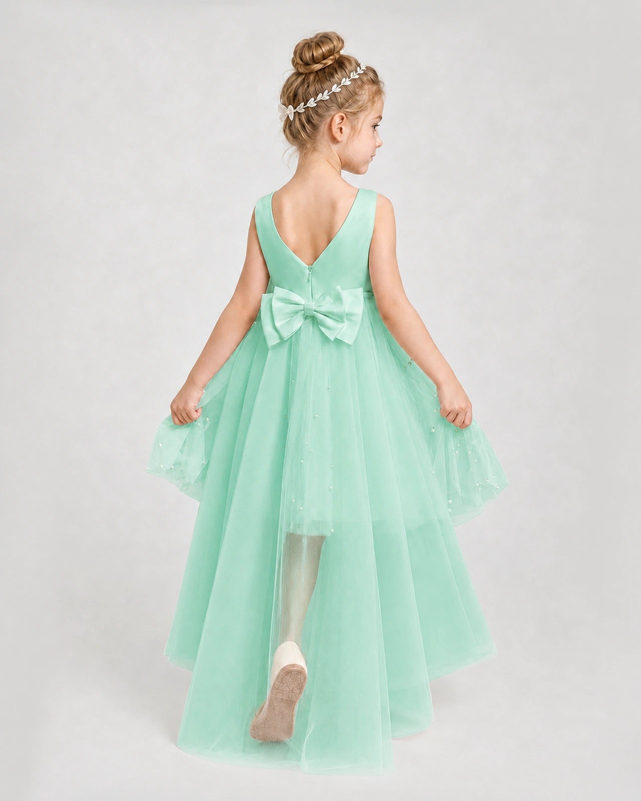 Turquoise Satin Tulle A-line Pageant Dress Back View