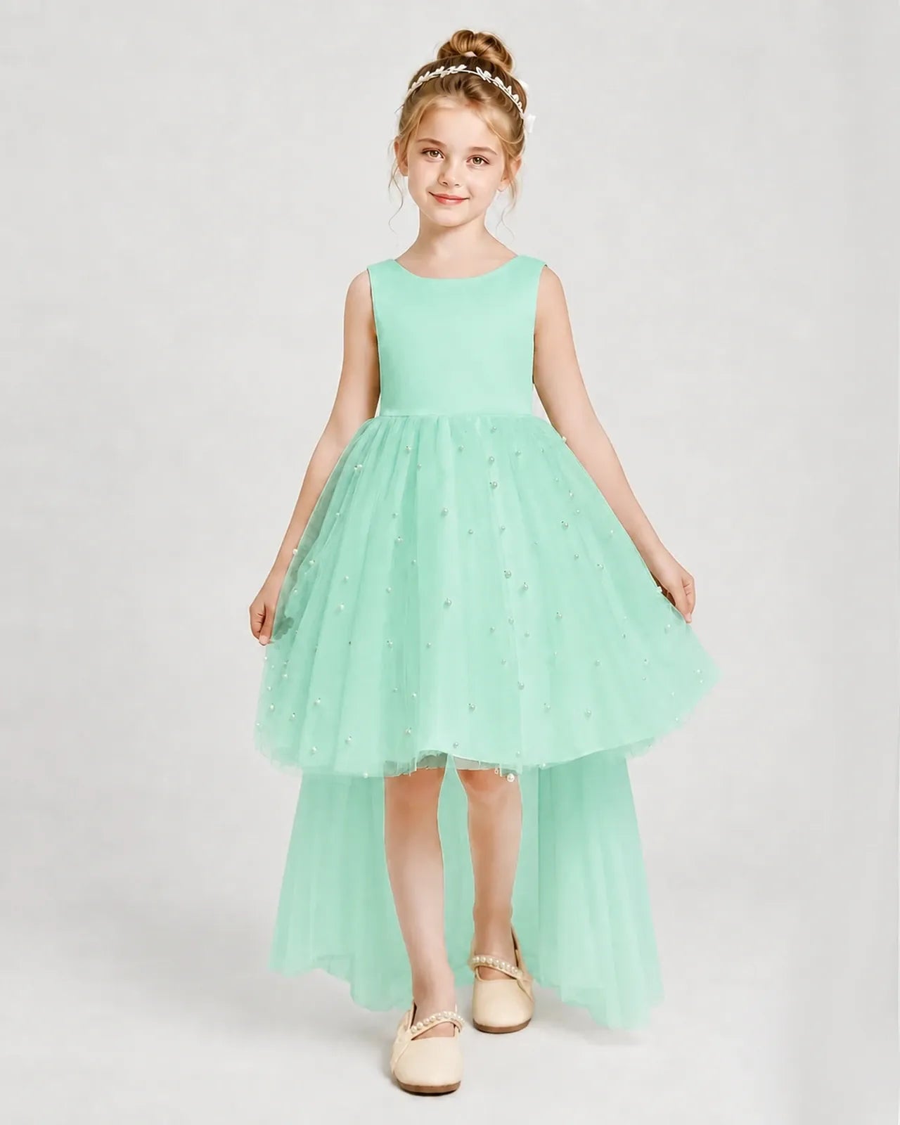 Turquoise Satin Tulle A-line Pageant Dress Front View