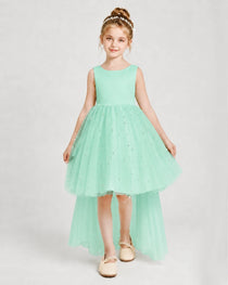 Turquoise Satin Tulle A-line Pageant Dress Front View