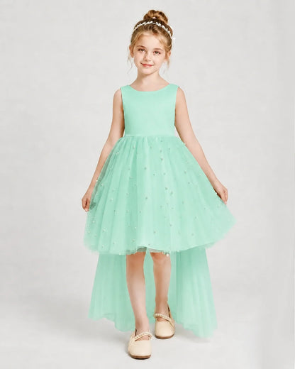 Turquoise Satin Tulle A-line Pageant Dress Front View