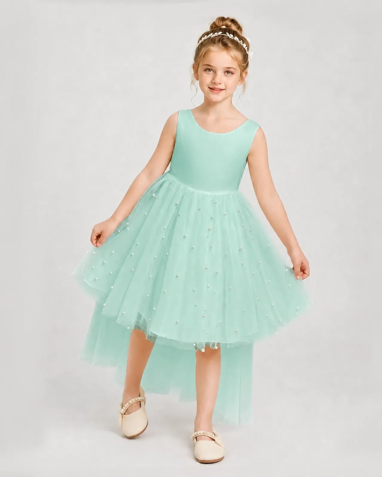 Turquoise Satin Tulle A-line Pageant Dress Front View