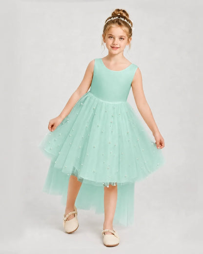 Turquoise Satin Tulle A-line Pageant Dress Front View