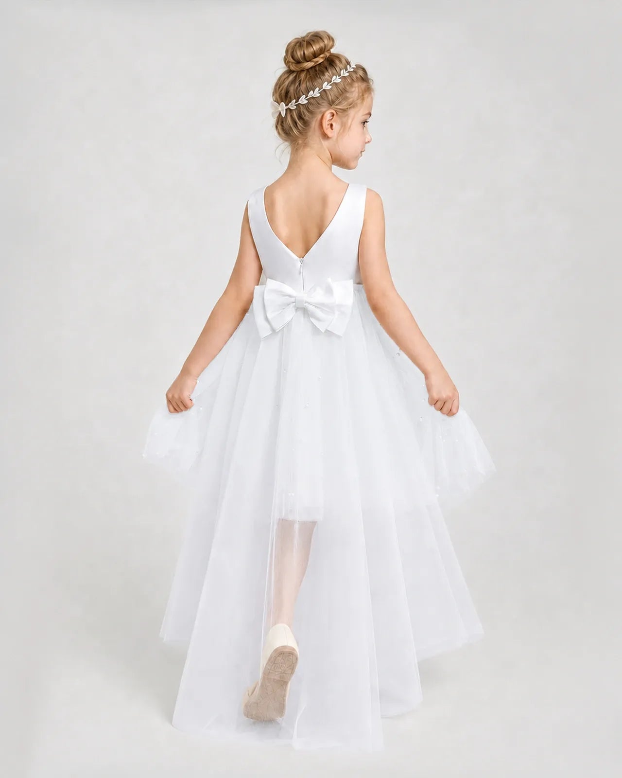 White Satin Tulle A-line Pageant Dress Back View