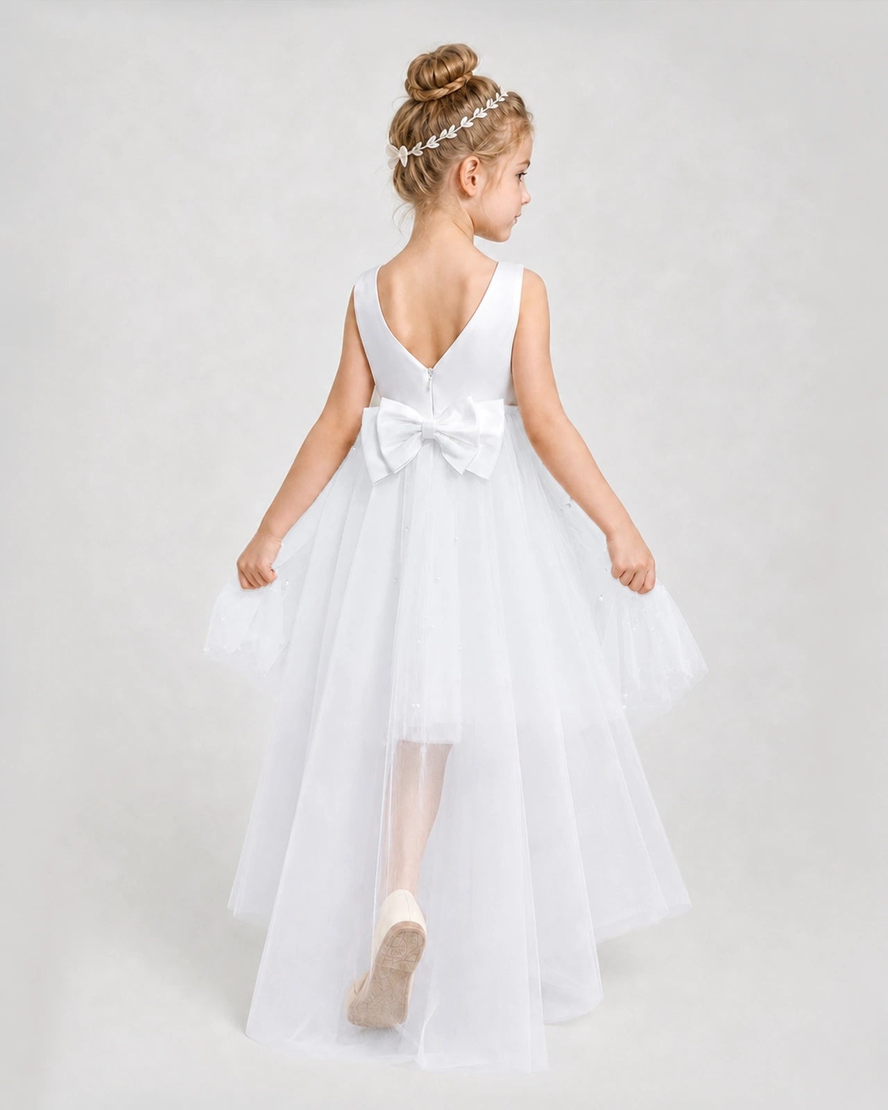 White Satin Tulle A-line Pageant Dress Back View