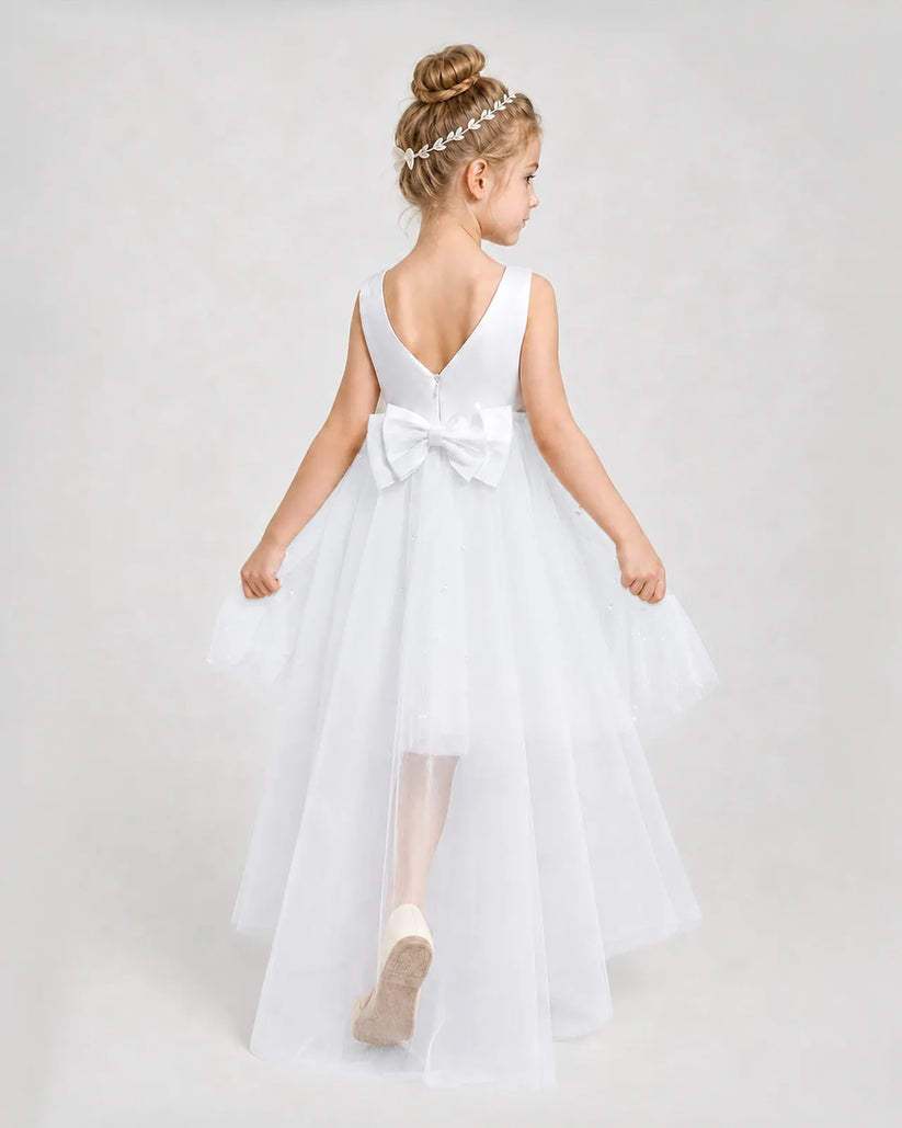 White Satin Tulle A-line Pageant Dress Back View