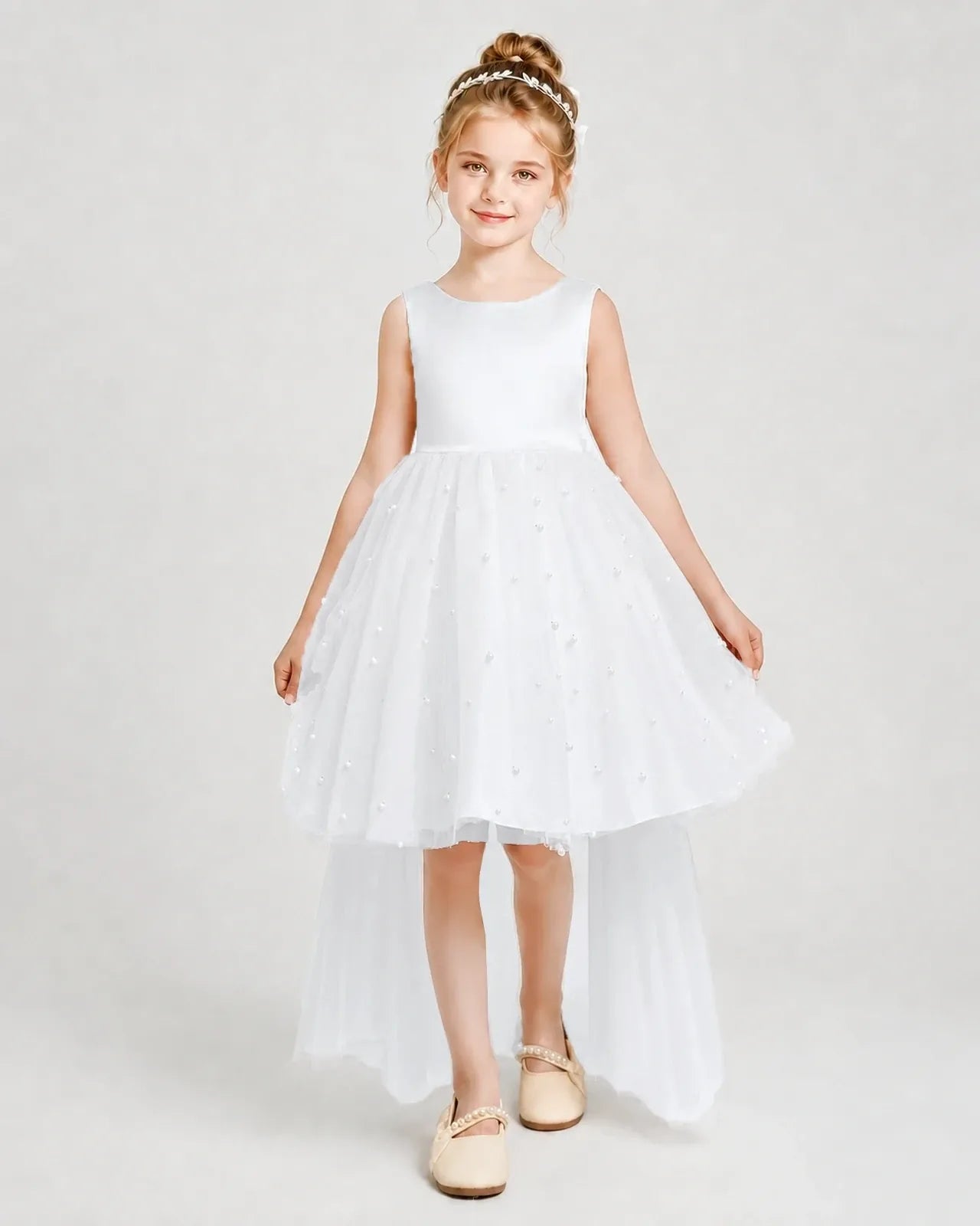 White Satin Tulle A-line Pageant Dress Front View