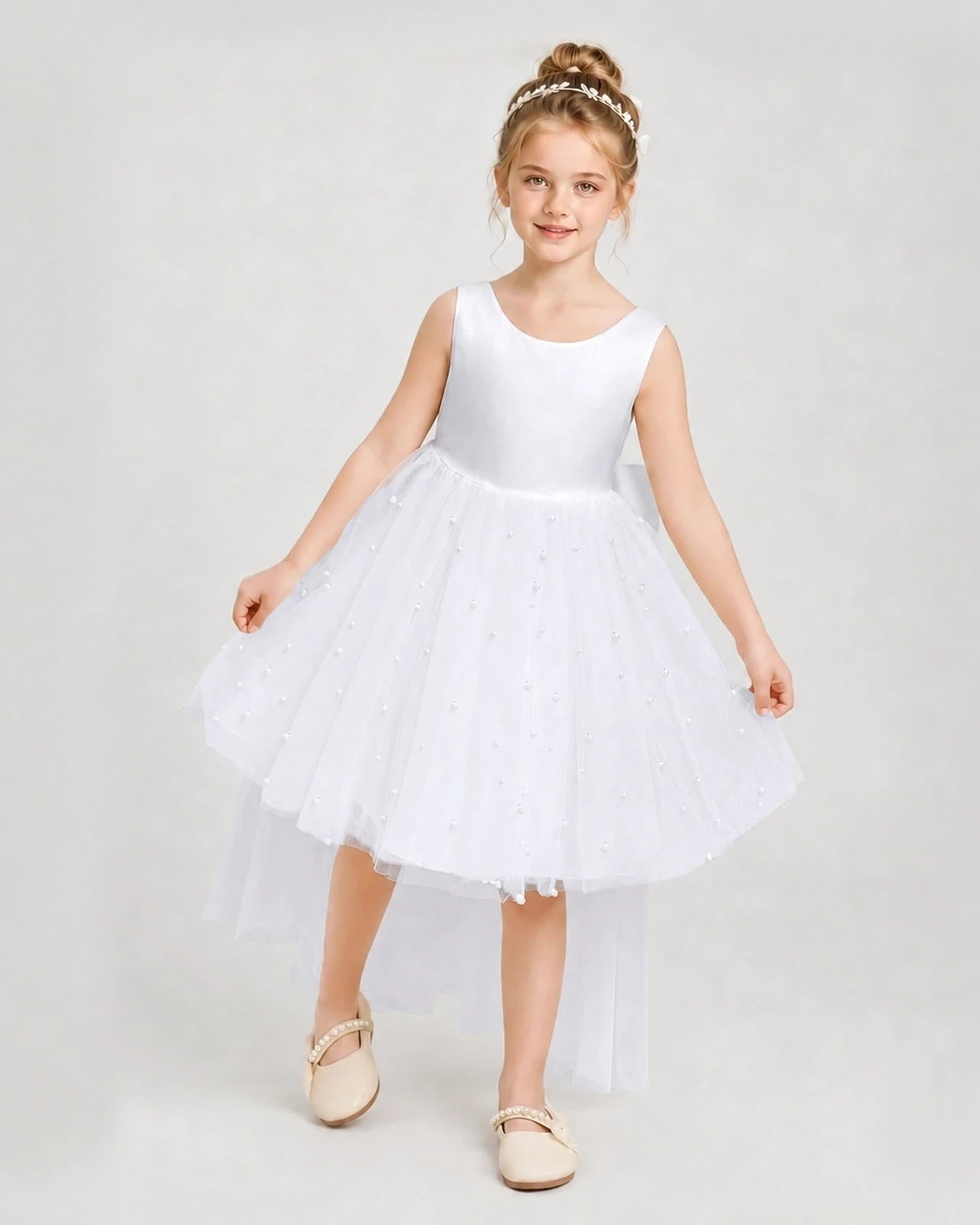 White Satin Tulle A-line Pageant Dress Detail View