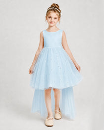Dideyttawl Pageant Dress Pearl Embellished Asymmetrical Tulle Gown