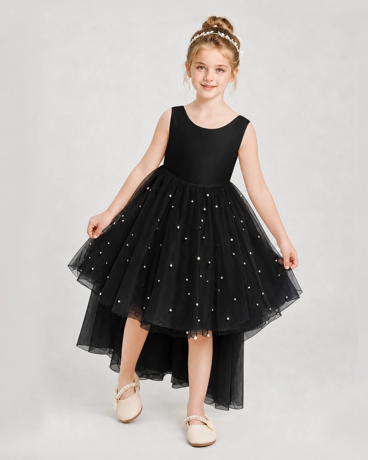 Dideyttawl Pageant Dress Pearl Embellished Asymmetrical Tulle Gown