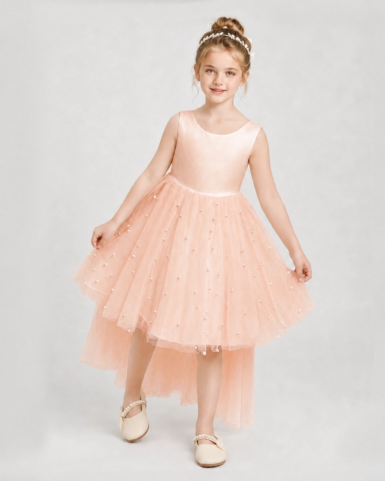 Dideyttawl Pageant Dress Pearl Embellished Asymmetrical Tulle Gown