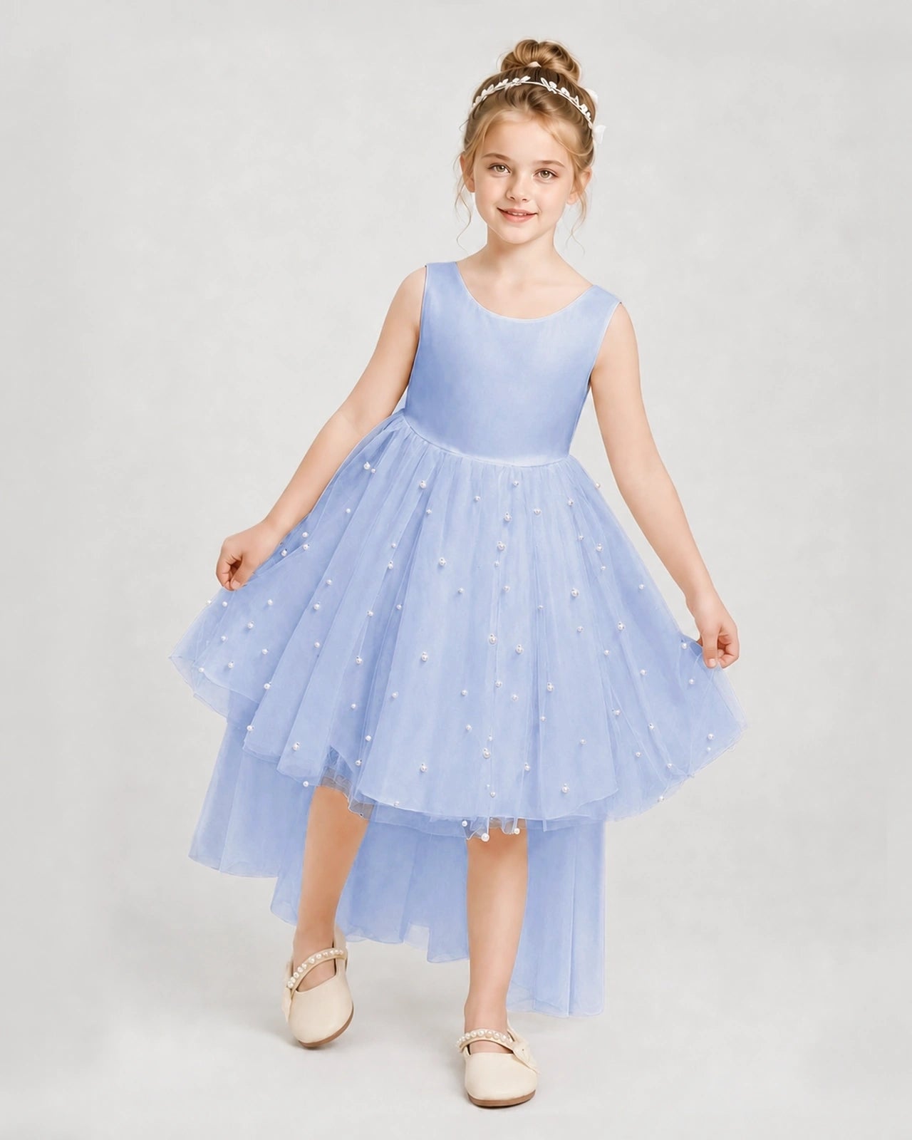 Dideyttawl Pageant Dress Pearl Embellished Asymmetrical Tulle Gown